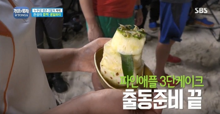 정글에서 생일을 맞은 찬성을 위해 설현이 만든 파인애플 3단케이크.jpg | 인스티즈