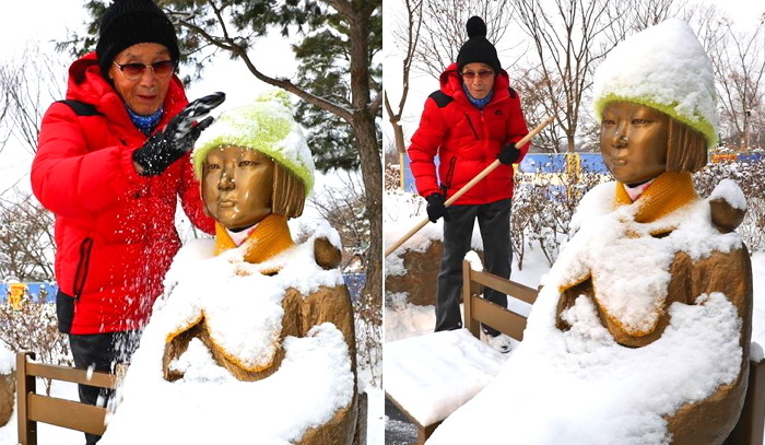 소녀상에 쌓인눈 치우고 계신 할머니 | 인스티즈